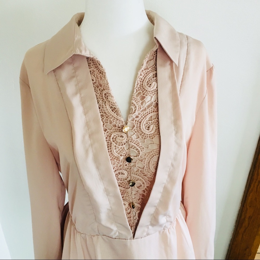 Elle Brand Cinched Waist Beige Blouse Crochet Lace